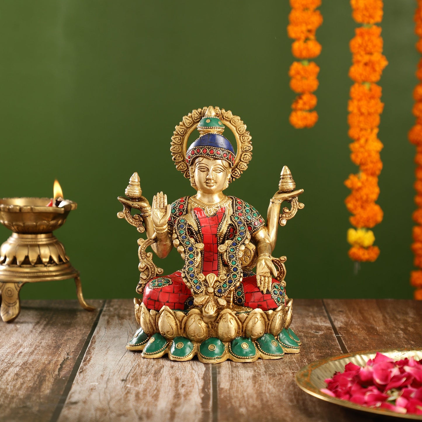 Brass Lakshmi Idol Seated on Lotus Base | 10.5" Height - Budhshiv.com