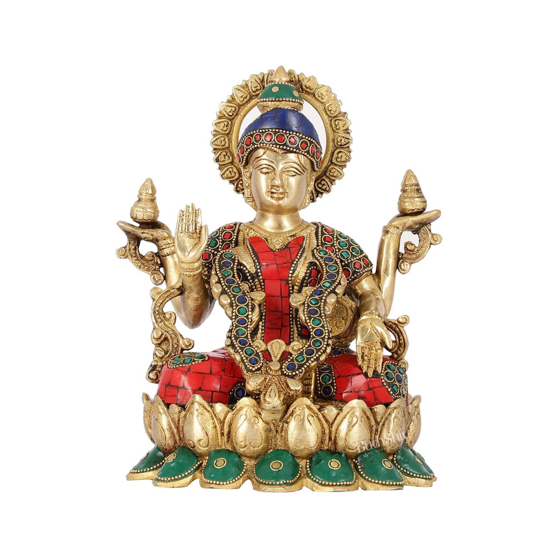 Brass Lakshmi Idol Seated on Lotus Base | 10.5" Height - Budhshiv.com