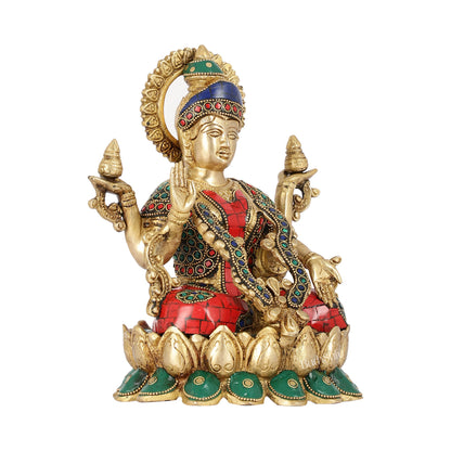 Brass Lakshmi Idol Seated on Lotus Base | 10.5" Height - Budhshiv.com