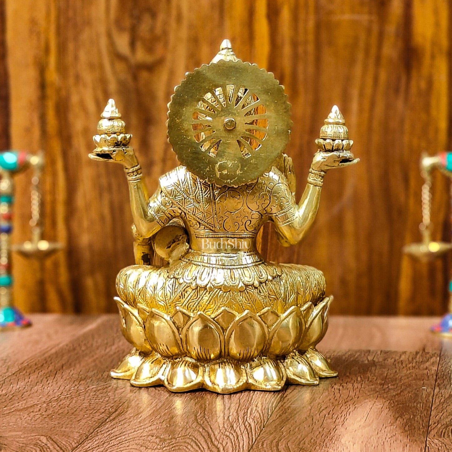 Brass Lakshmi Idol with Golden Finish | 12" Height | Exquisite Craftsmanship - Budhshiv.com