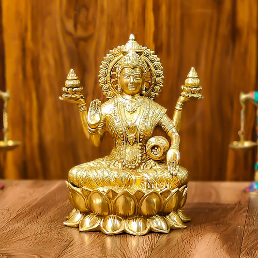 Brass Lakshmi Idol with Golden Finish | 12" Height | Exquisite Craftsmanship - Budhshiv.com