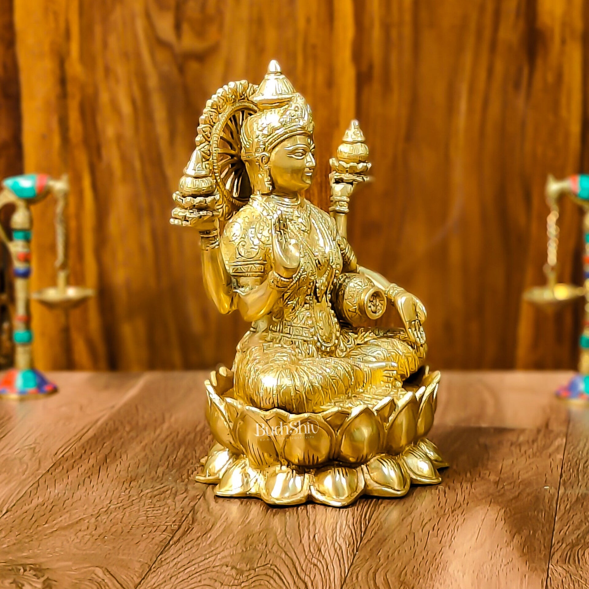 Brass Lakshmi Idol with Golden Finish | 12" Height | Exquisite Craftsmanship - Budhshiv.com