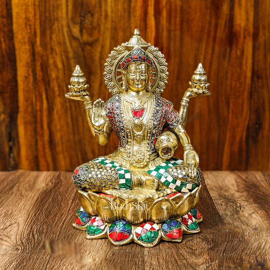 Brass Lakshmi Idol with Meenakari Stonework | 12" Height | - Budhshiv.com