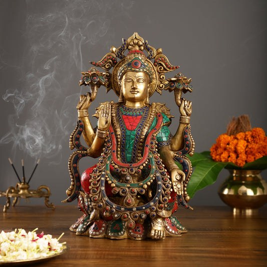 Brass Lakshmi Idol with Stonework 16 inch - Budhshiv.com