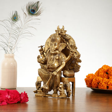 Brass Lal Baug Ka Raja Ganapati Idol Seated on Throne - 10.5 Inch - Budhshiv.com