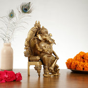 Brass Lal Baug Ka Raja Ganapati Idol Seated on Throne - 10.5 Inch - Budhshiv.com
