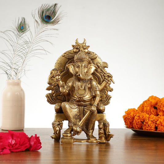 Brass Lal Baug Ka Raja Ganapati Idol Seated on Throne - 10.5 Inch - Budhshiv.com