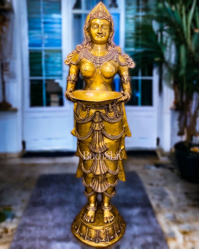 Brass Large Deep Lakshmi Pavaai Vilakku Statue - Exquisite 6.1 FT Sculpture - Budhshiv.com