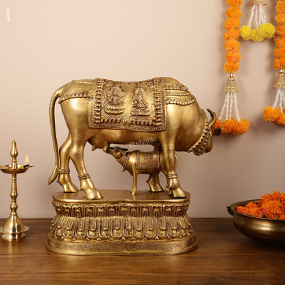 Brass Large Kamdhenu Cow with Calf Idol - 22 Inch - Budhshiv.com