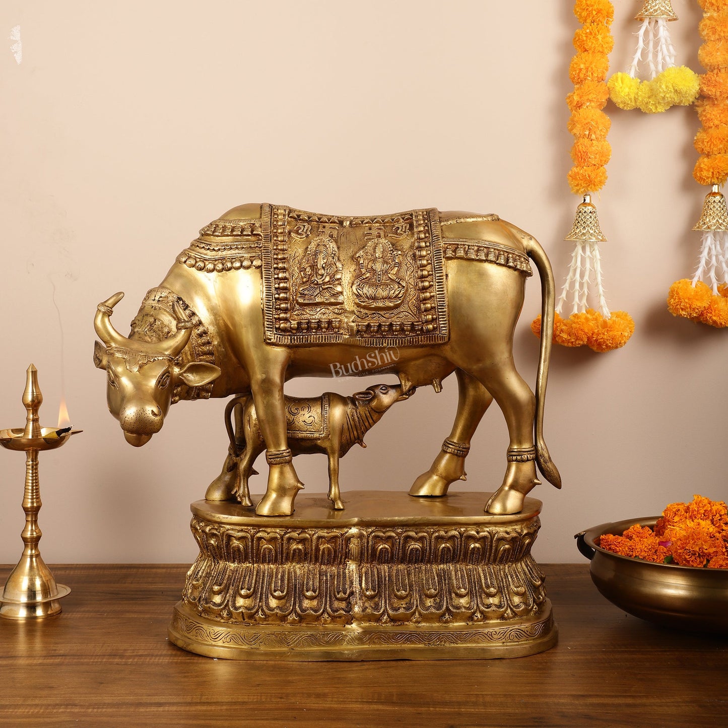 Brass Large Kamdhenu Cow with Calf Idol - 22 Inch - Budhshiv.com