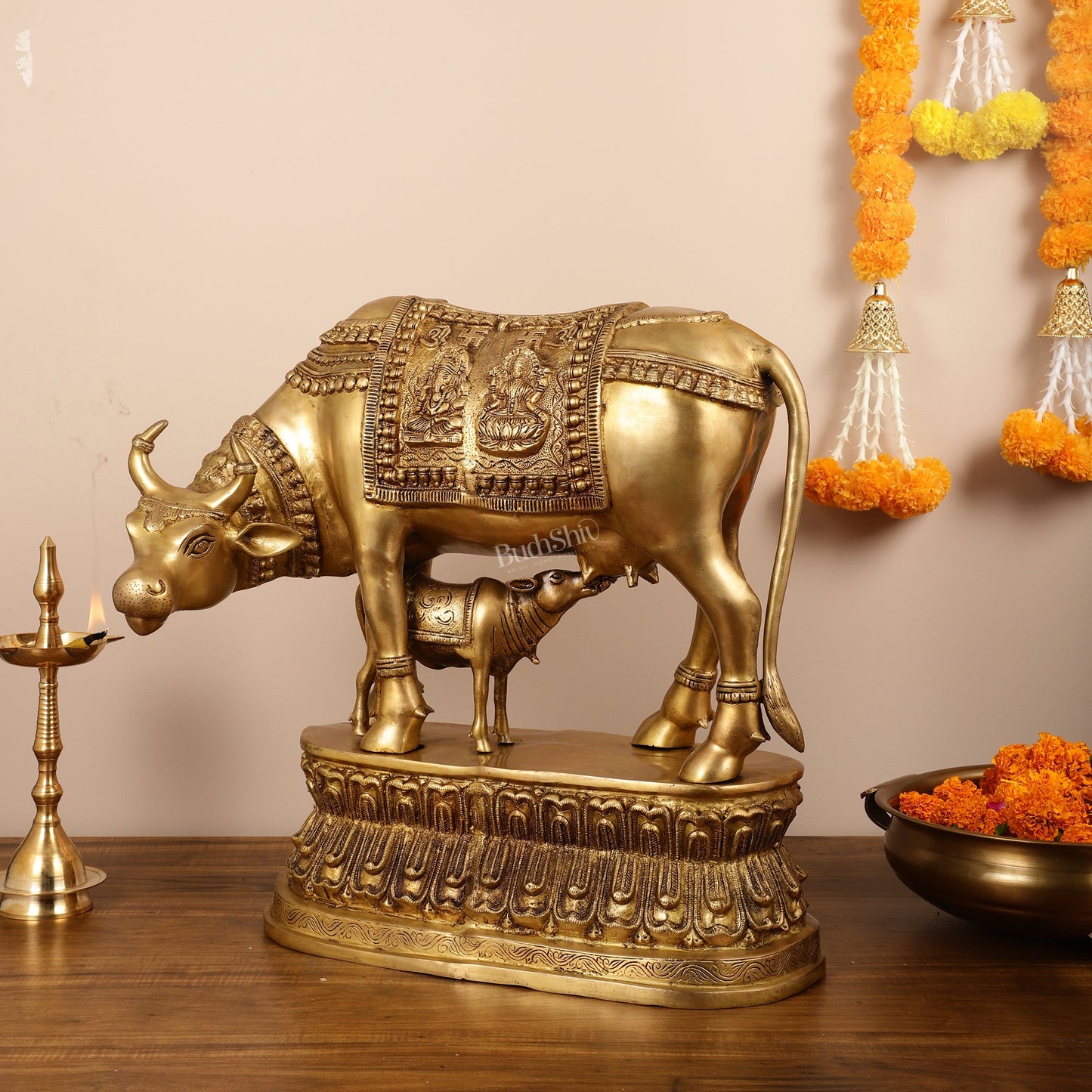 Brass Large Kamdhenu Cow with Calf Idol - 22 Inch - Budhshiv.com