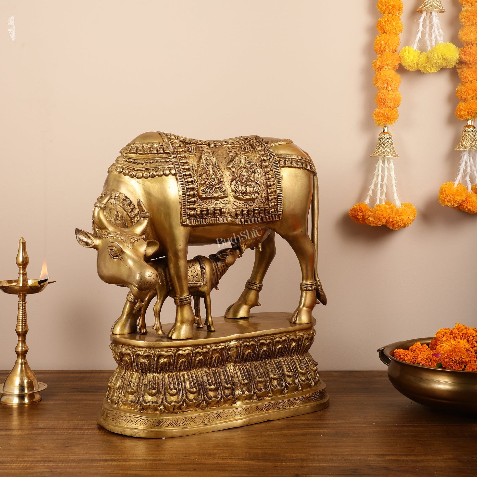 Brass Large Kamdhenu Cow with Calf Idol - 22 Inch - Budhshiv.com