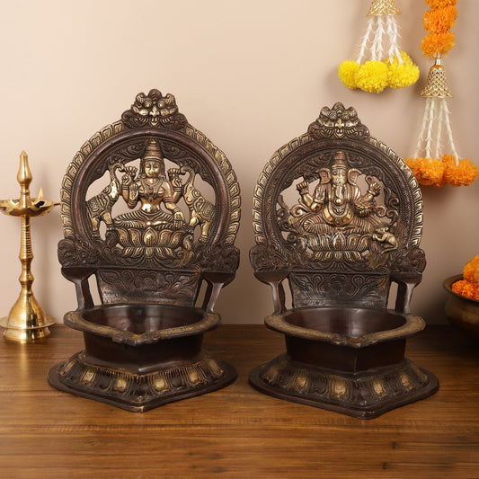Brass Large-Sized Ganesha and Lakshmi Lamps - 17 Inch - Budhshiv.com
