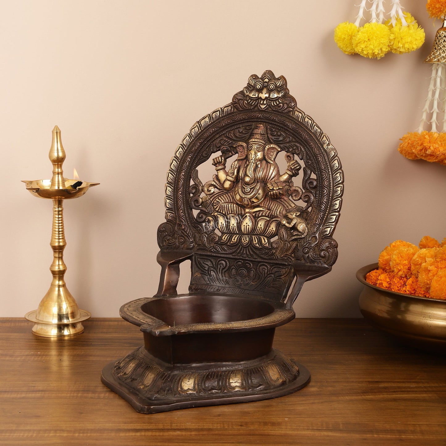 Brass Large-Sized Ganesha Lamp - 16 Inch - Budhshiv.com