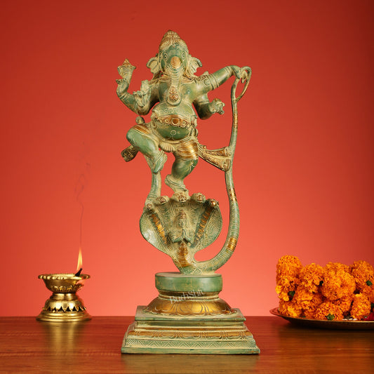 Brass Lord Ganesha dancing on snake 20 " - Budhshiv.com