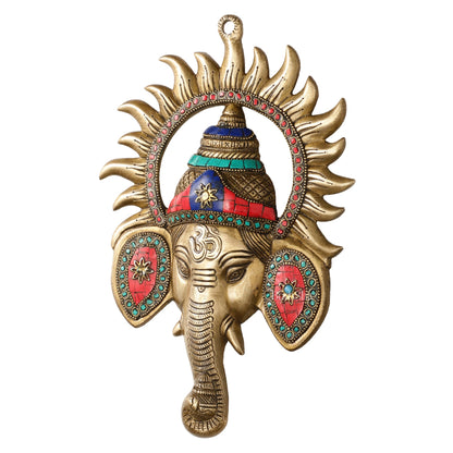 Brass Lord Ganesha Face Wall Hanging with Stonework - 11x7.5 inch - Budhshiv.com