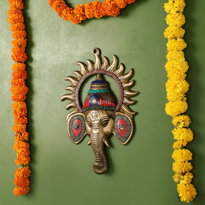Brass Lord Ganesha Face Wall Hanging with Stonework - 11x7.5 inch - Budhshiv.com
