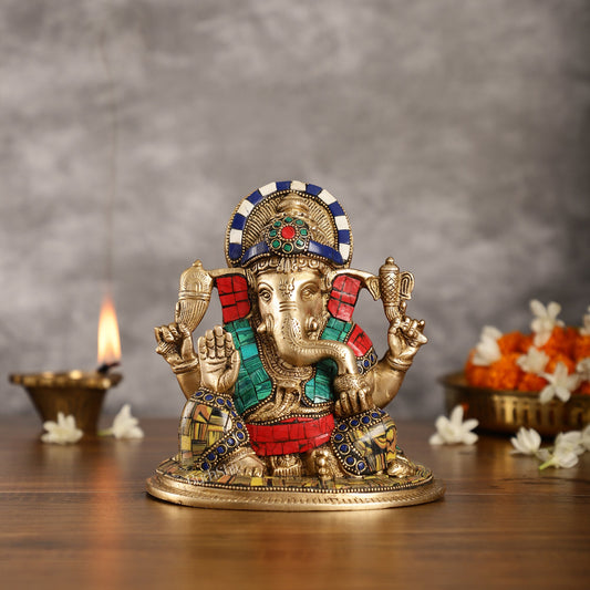 Brass Lord Ganesha Idol with Stonework | Height 6.5 inch - Budhshiv.com