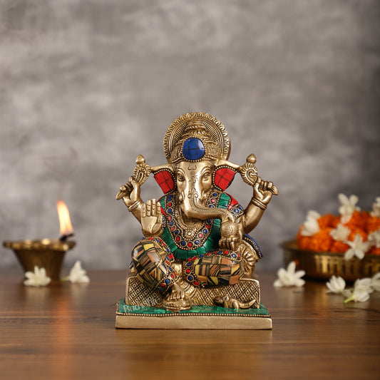 Brass Lord Ganesha Idol with Stonework | Height 7.5 inch - Budhshiv.com