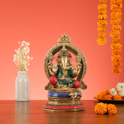 Brass Lord Ganesha Murti with Stonework Idol - 11.5 Inch - Budhshiv.com