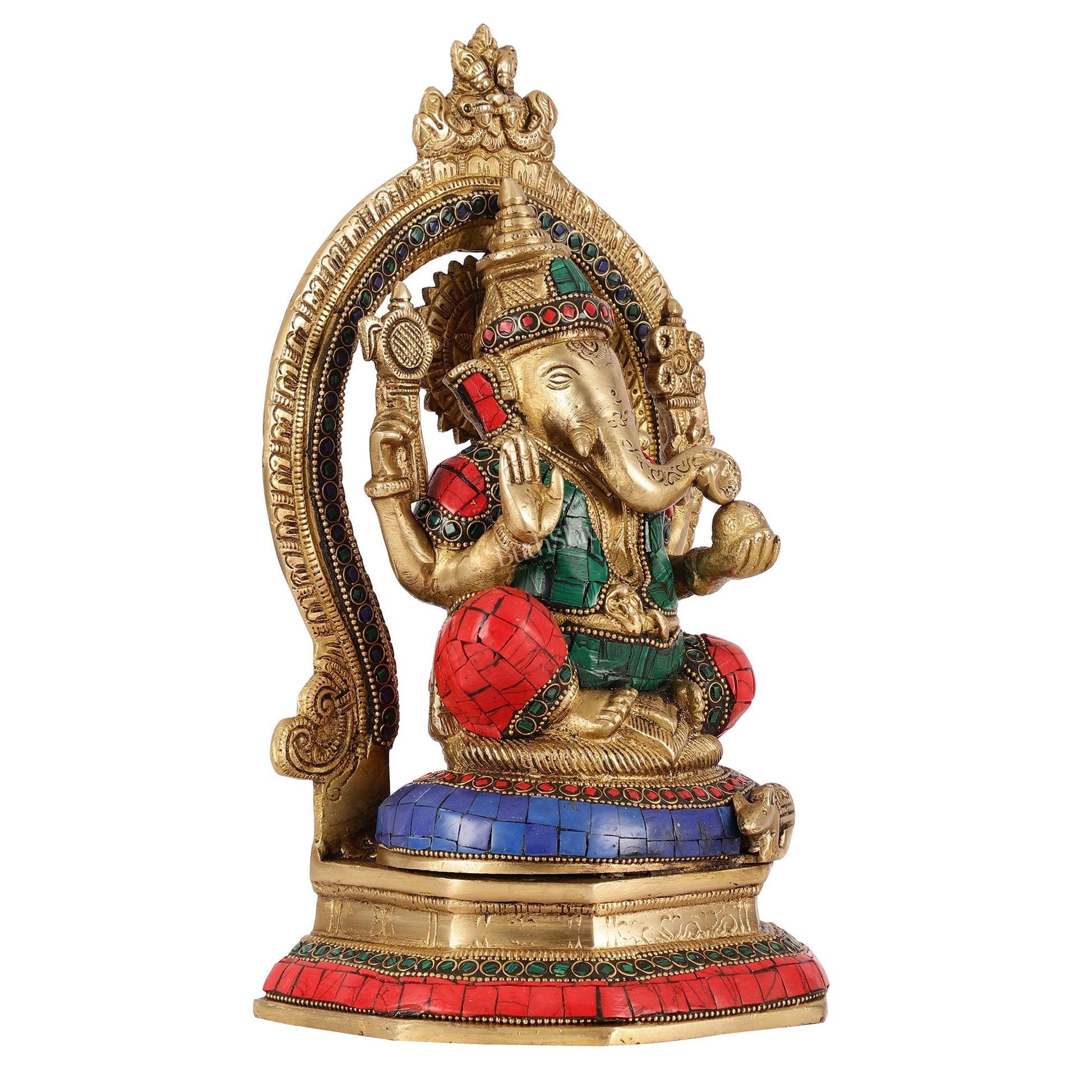 Brass Lord Ganesha Murti with Stonework Idol - 11.5 Inch - Budhshiv.com