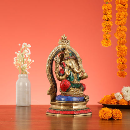 Brass Lord Ganesha Murti with Stonework Idol - 11.5 Inch - Budhshiv.com