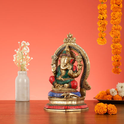 Brass Lord Ganesha Murti with Stonework Idol - 11.5 Inch - Budhshiv.com