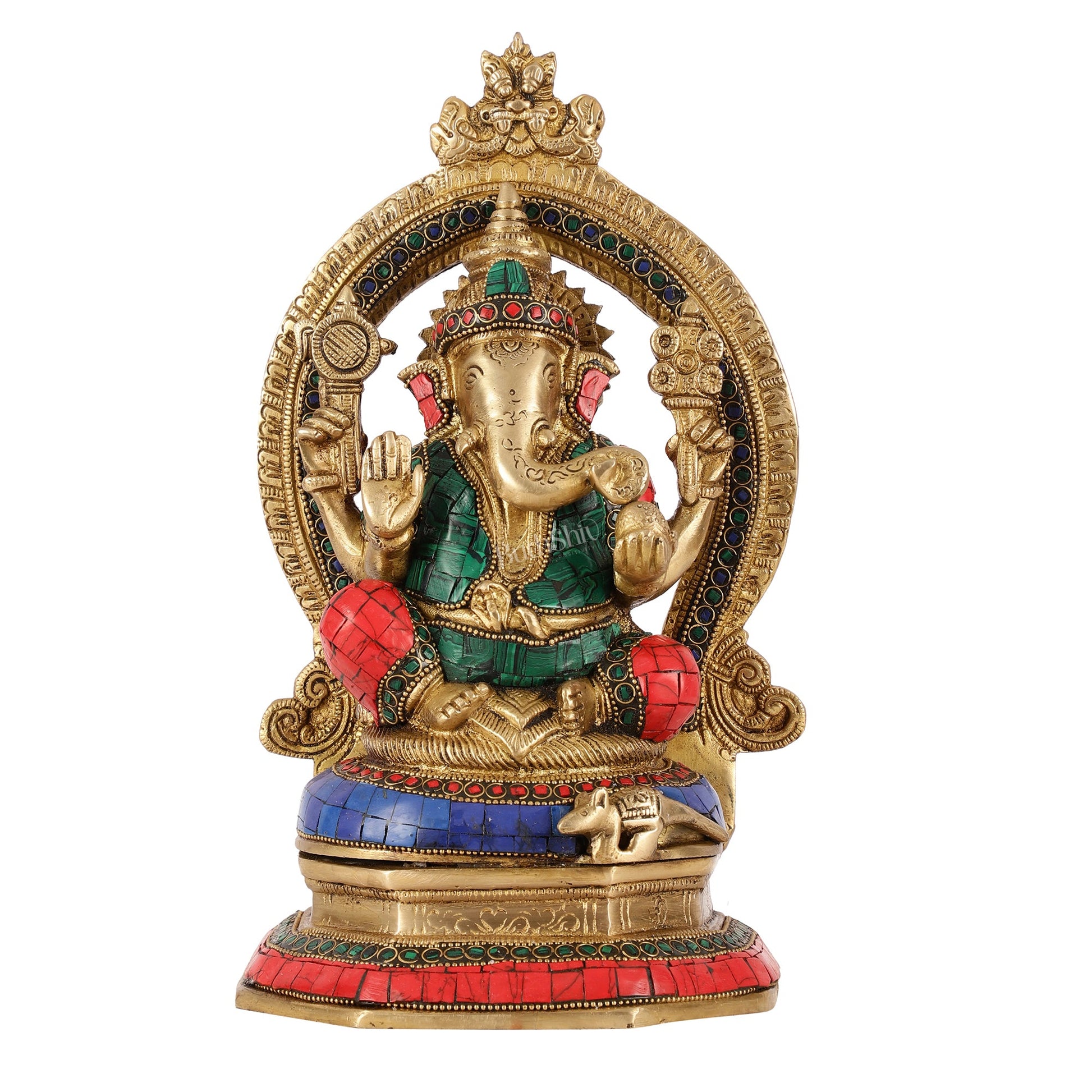 Brass Lord Ganesha Murti with Stonework Idol - 11.5 Inch - Budhshiv.com