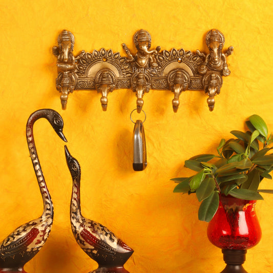 Brass Lord Ganesha Musicians Key Holder with Five Hooks 10" - Budhshiv.com