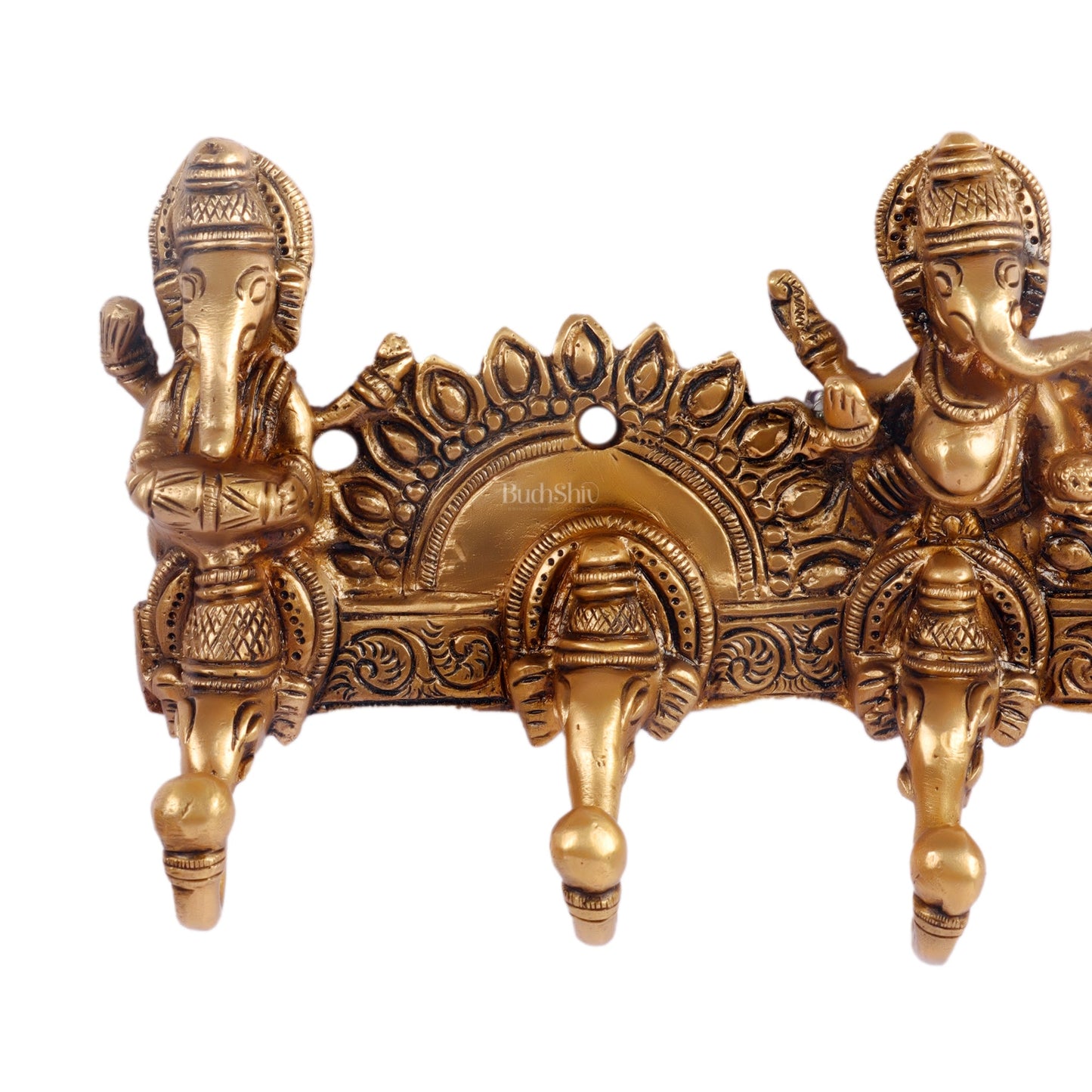 Brass Lord Ganesha Musicians Key Holder with Five Hooks 10" - Budhshiv.com