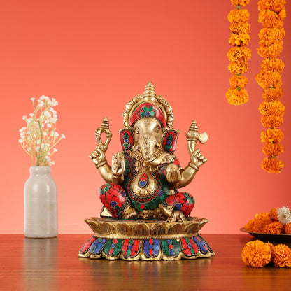 Brass Lord Ganesha on Lotus Idol - 11 Inch - Budhshiv.com