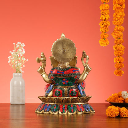 Brass Lord Ganesha on Lotus Idol - 11 Inch - Budhshiv.com