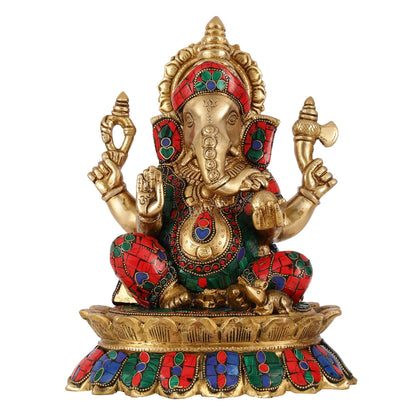 Brass Lord Ganesha on Lotus Idol - 11 Inch - Budhshiv.com