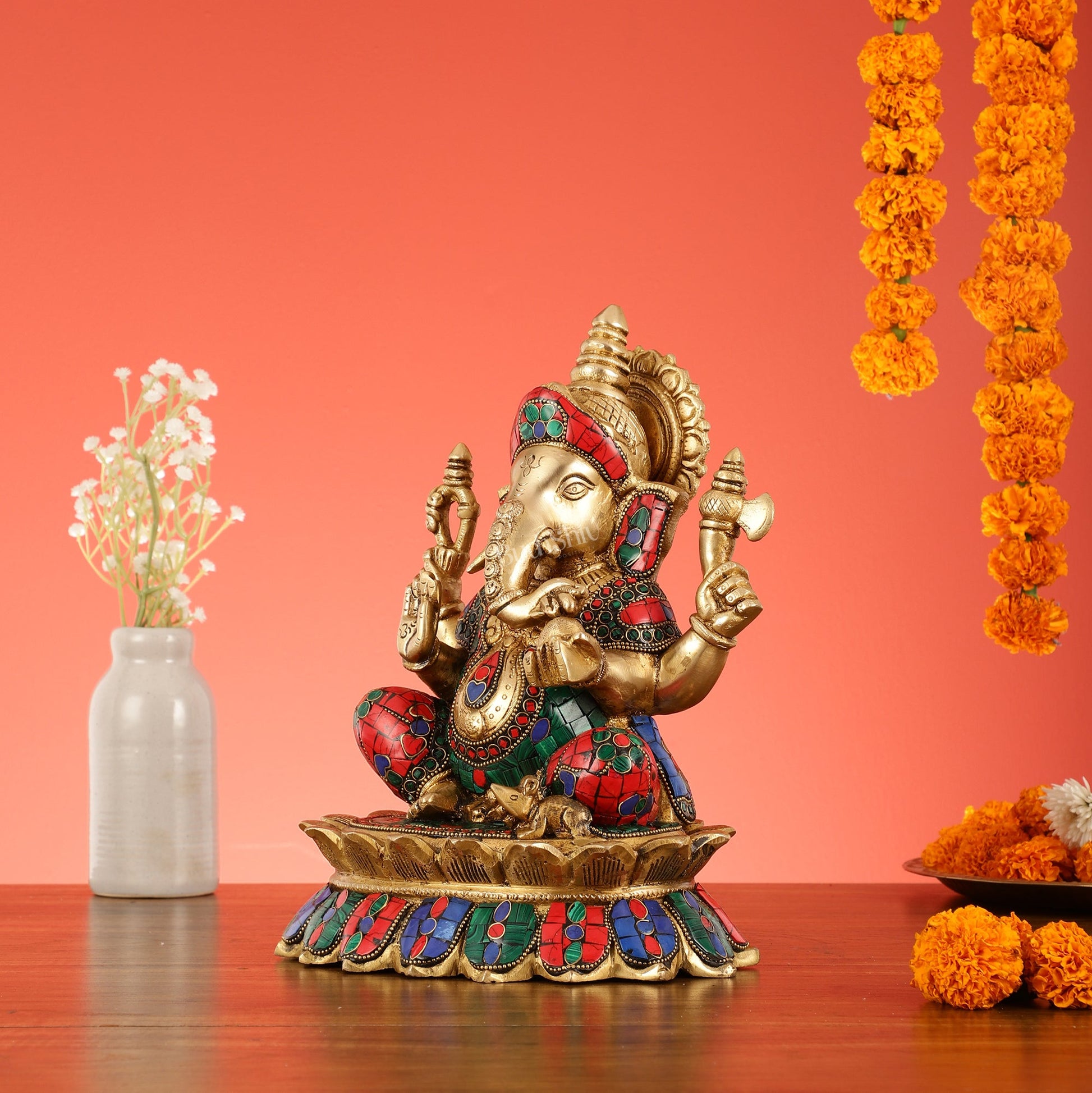 Brass Lord Ganesha on Lotus Idol - 11 Inch - Budhshiv.com
