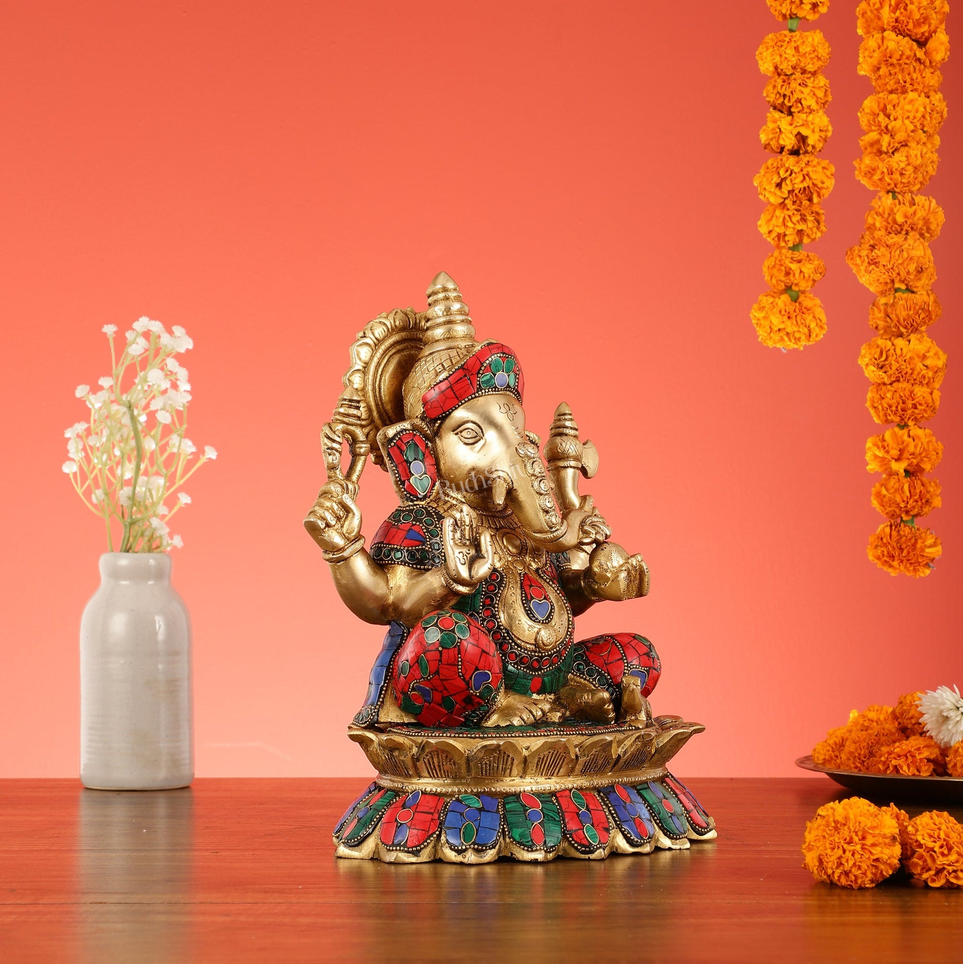 Brass Lord Ganesha on Lotus Idol - 11 Inch - Budhshiv.com