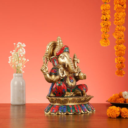 Brass Lord Ganesha on Lotus Idol - 11 Inch - Budhshiv.com