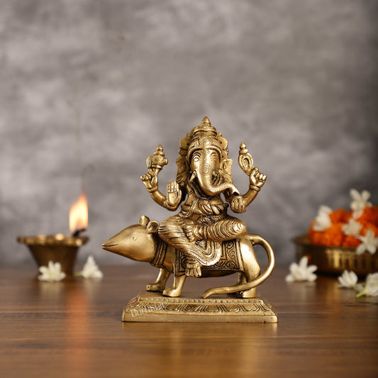 Brass Lord Ganesha Seated on a Mouse Idol | Height 7 inch - Budhshiv.com