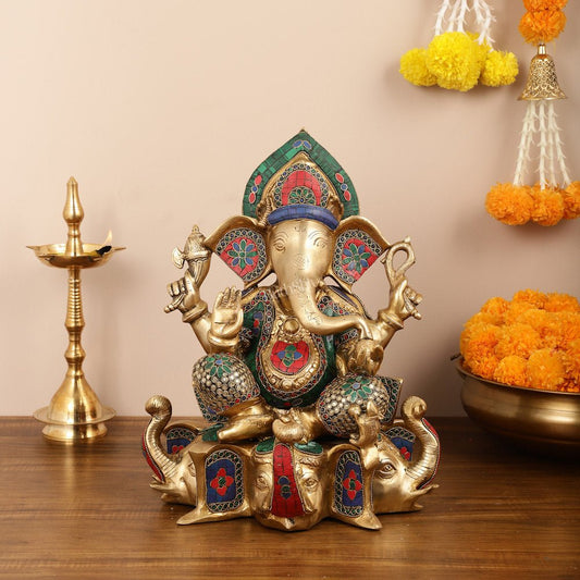 Brass Lord Ganesha Statue on Elephant Heads - 17 Inch - Budhshiv.com