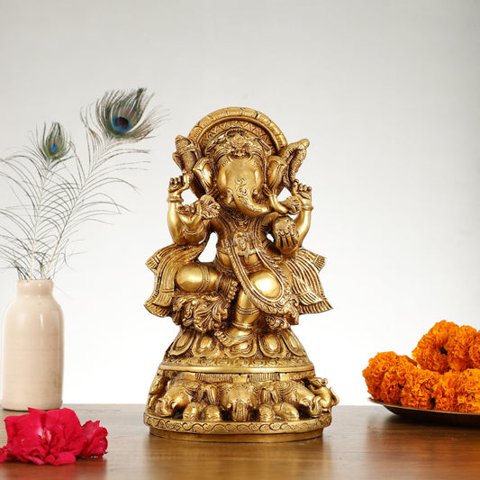 Brass Lord Ganesha Statue Seated on Elephant Throne - 12 Inch - Budhshiv.com