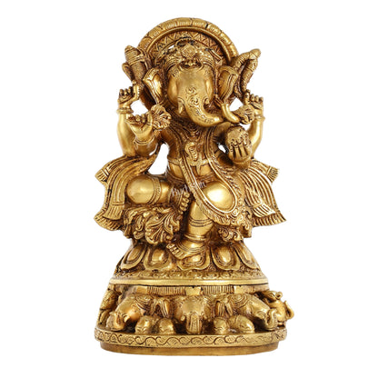 Brass Lord Ganesha Statue Seated on Elephant Throne - 12 Inch - Budhshiv.com