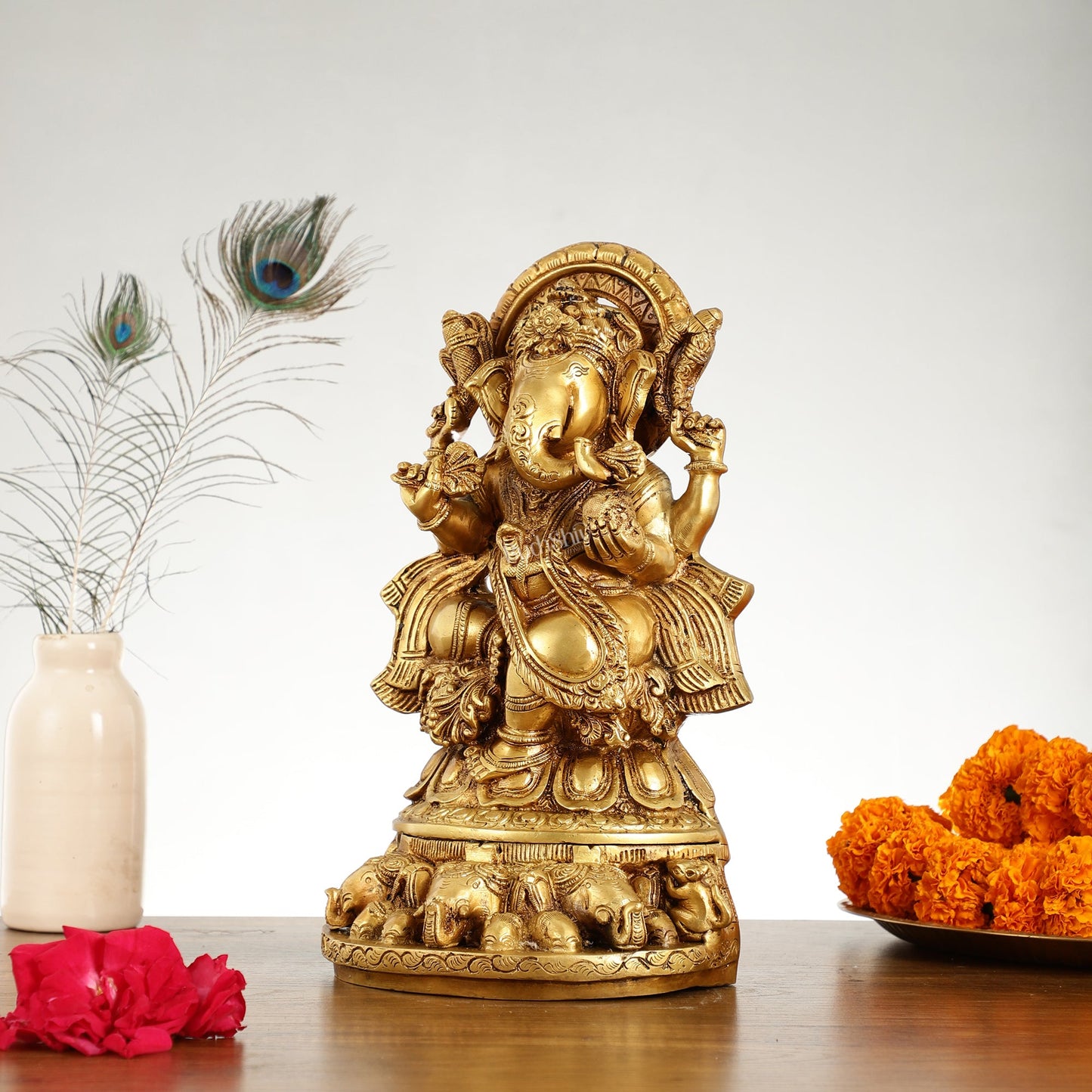 Brass Lord Ganesha Statue Seated on Elephant Throne - 12 Inch - Budhshiv.com