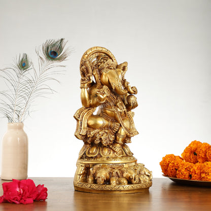 Brass Lord Ganesha Statue Seated on Elephant Throne - 12 Inch - Budhshiv.com