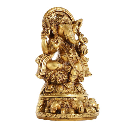 Brass Lord Ganesha Statue Seated on Elephant Throne - 12 Inch - Budhshiv.com