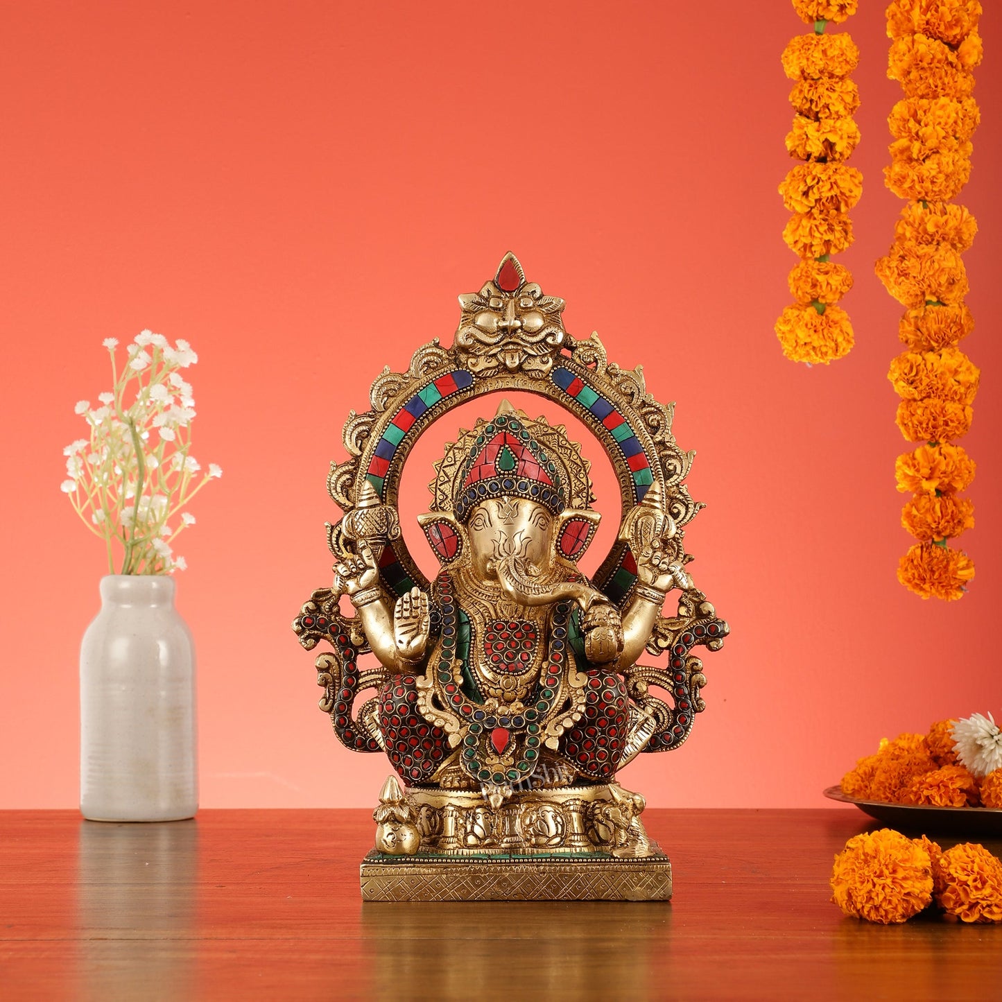 Brass Lord Ganesha Statue with Frame and Ashtavinayaka Carvings - 12 Inch - Budhshiv.com