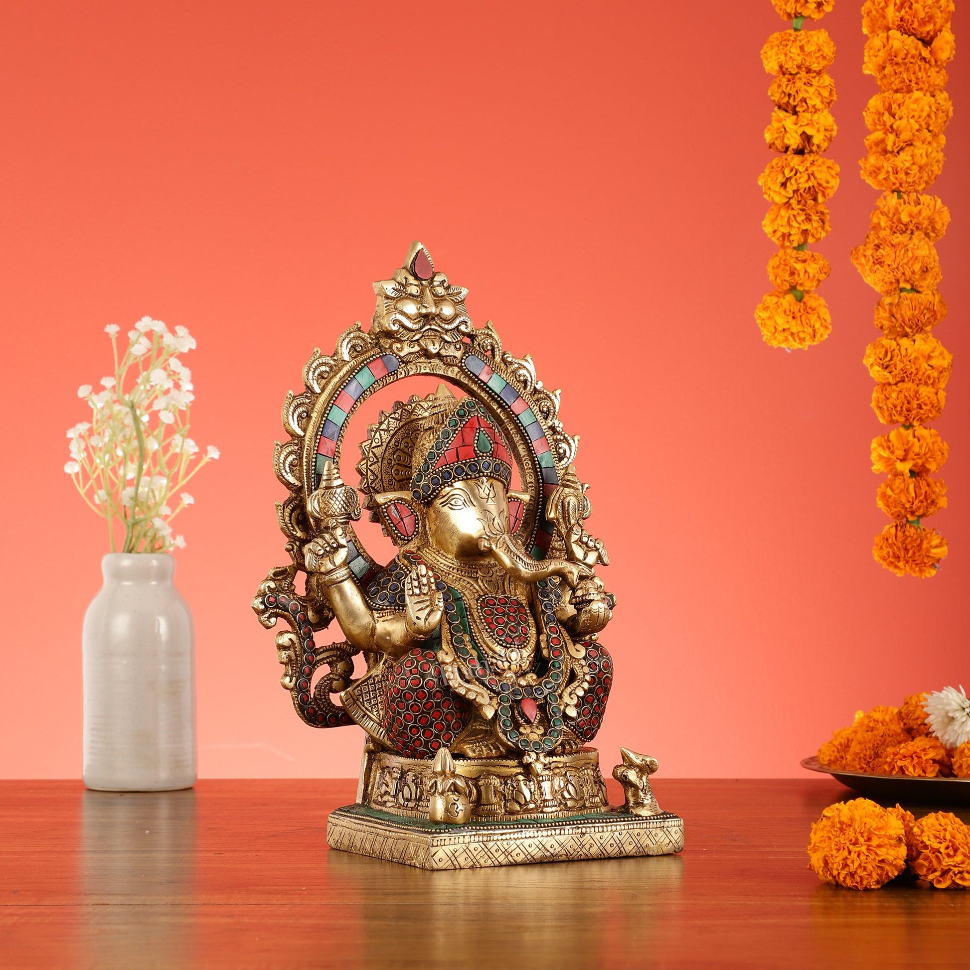 Brass Lord Ganesha Statue with Frame and Ashtavinayaka Carvings - 12 Inch - Budhshiv.com