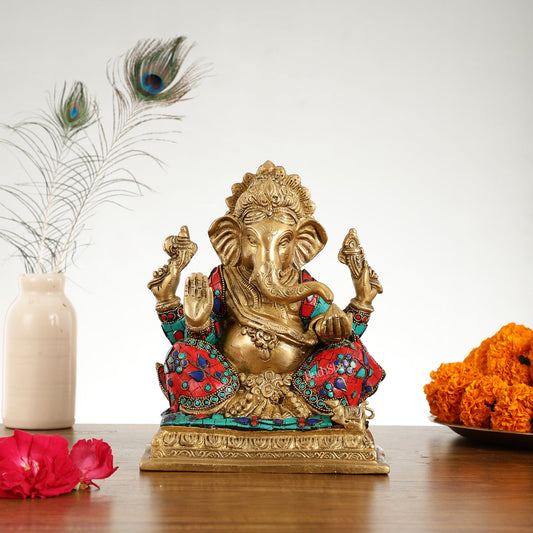 Brass Lord Ganesha Statue with Stonework - 10.5 Inch - Budhshiv.com