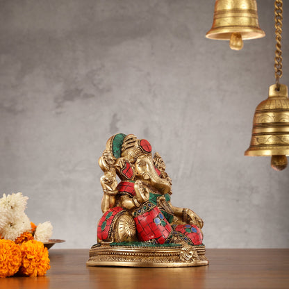 Brass Lord Ganesha Statue with Stonework - 6.5 Inch - Budhshiv.com