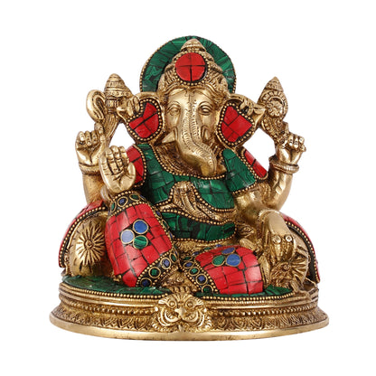 Brass Lord Ganesha Statue with Stonework - 6.5 Inch - Budhshiv.com