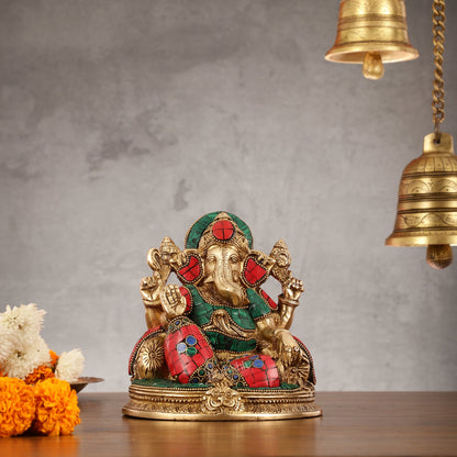 Brass Lord Ganesha Statue with Stonework - 6.5 Inch - Budhshiv.com