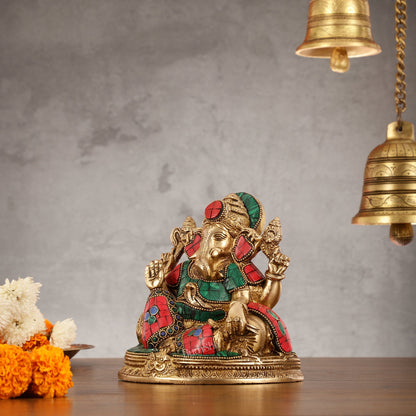 Brass Lord Ganesha Statue with Stonework - 6.5 Inch - Budhshiv.com